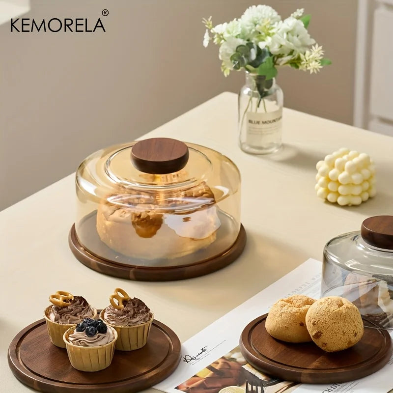 Round Wooden Cake Stand with Glass Dome Lid | KEMORELA
