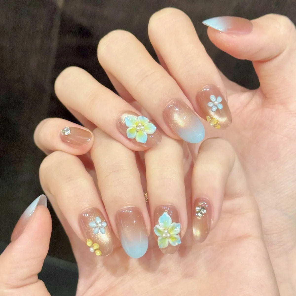Handmade Press On Nails | 3D Blue Flower Short Oval False Nails