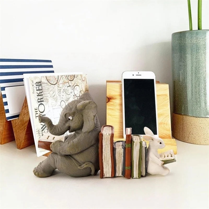 Elephant & Rabbit Reading Bookend – Resin Animal Statue Decor