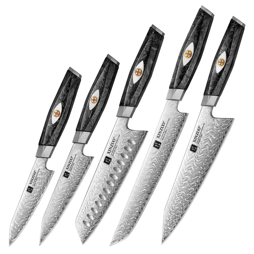 XINZUO Damascus Knife Set 2–7 PC | 145-Layer M390 Steel & Carbon Fiber