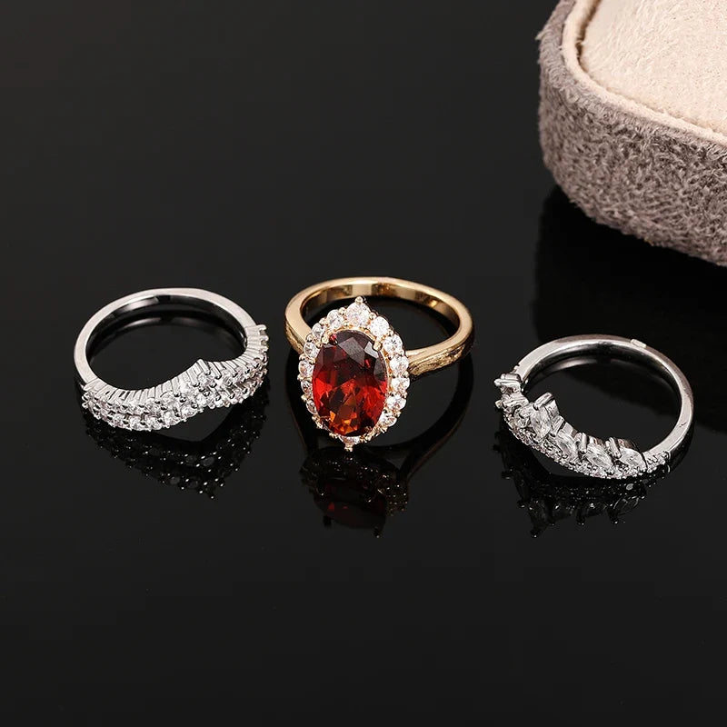 Huitan 3-Piece Red CZ Bridal Ring Set for Women | Wedding Jewelry