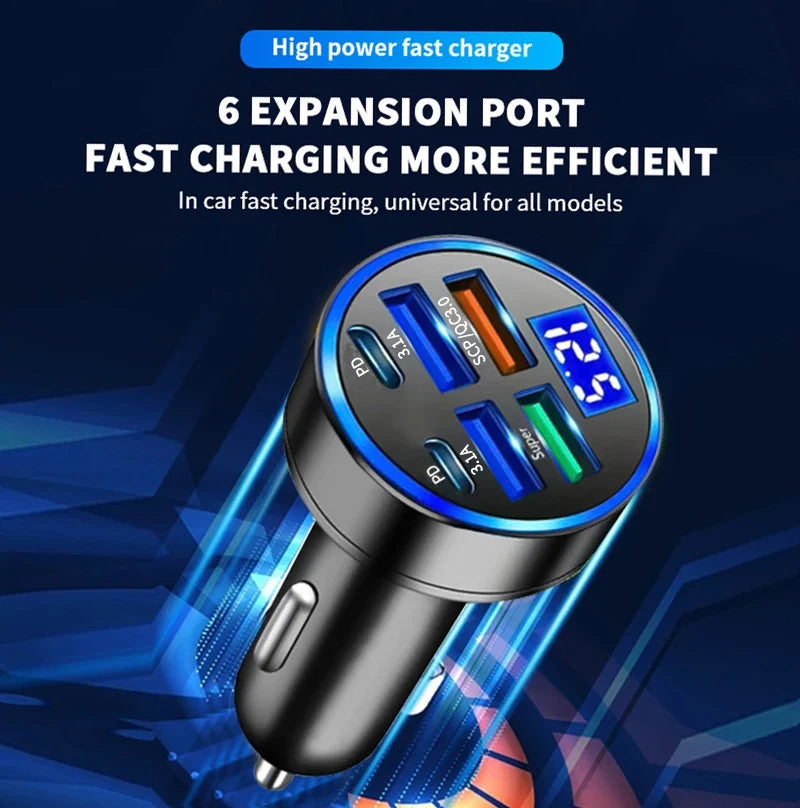 100W 6-Port USB-C Car Charger | PD & QC 3.0 Fast Charging