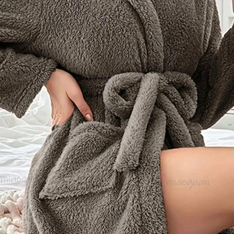 Women's Plush Hooded Fleece Bathrobe with Belt & Pockets
