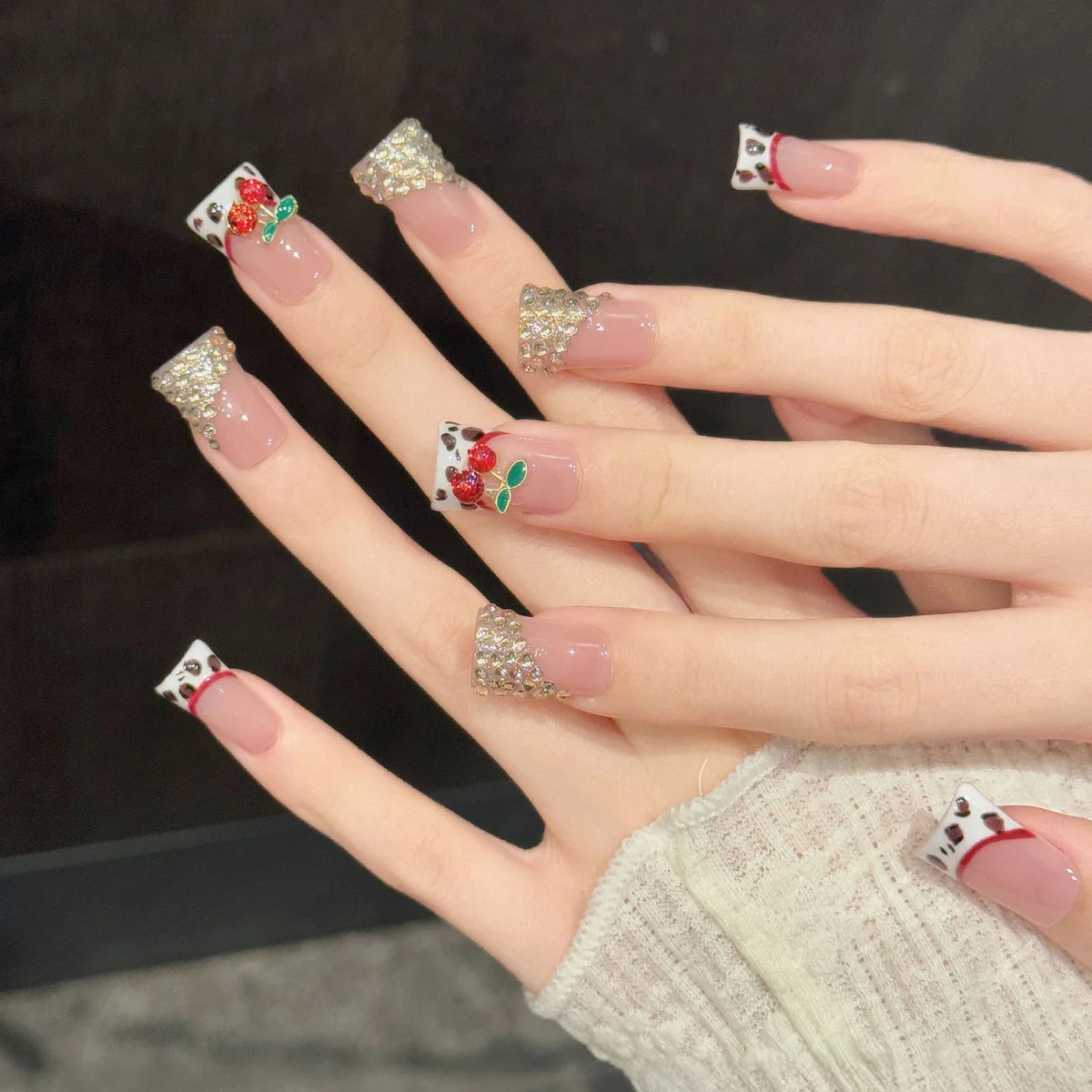 Press On Nails French Leopard Duckbill 3D Cherry Rhinestones 10pcs