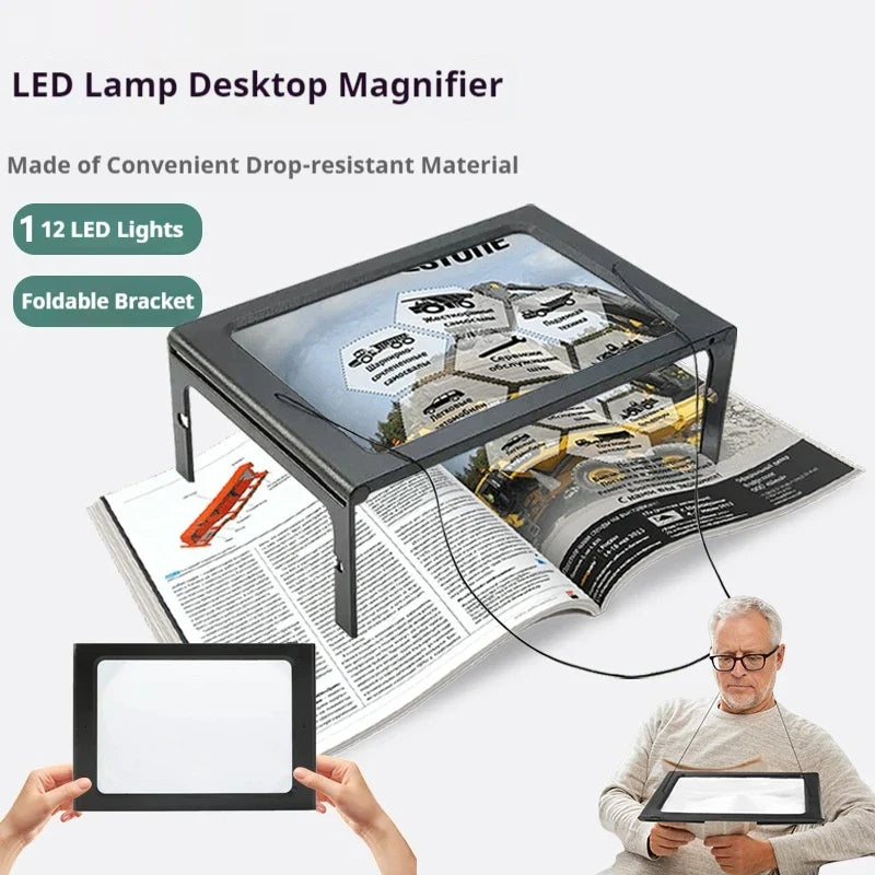 A4 Full Page Foldable Desktop Magnifier with LED Lights