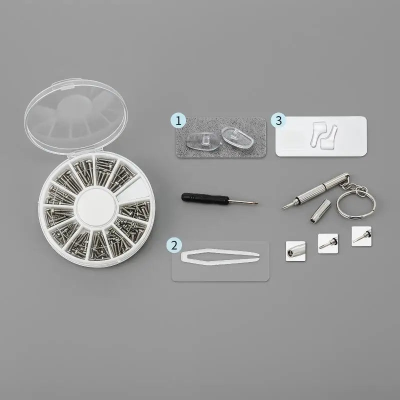 Eyeglass Repair Kit – Screws, Screwdrivers, Nose Pads & Tools
