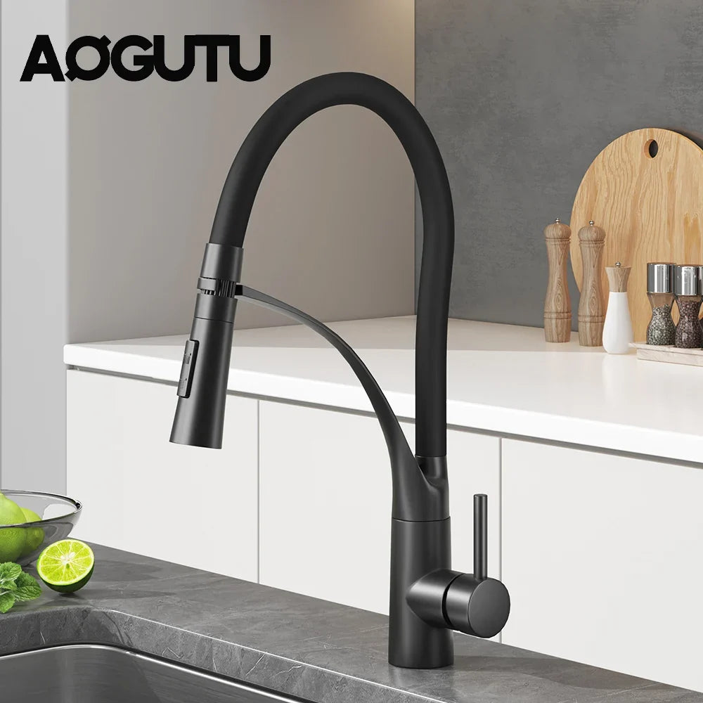 AOGUTU Brass Pull-Down Kitchen Faucet | Single Handle Mixer Tap