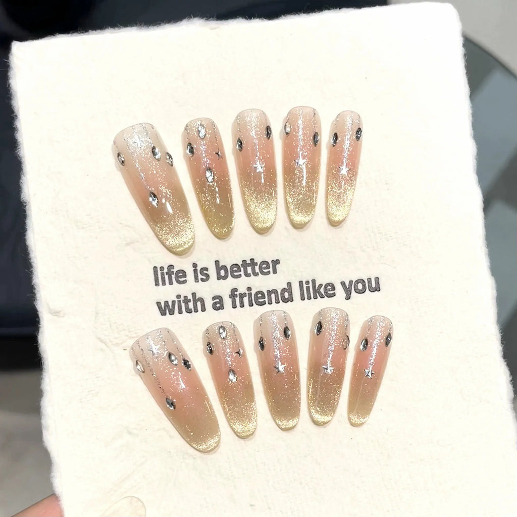 Handmade Press-On Nails | Almond Cat's Eye French Tip 3D Art