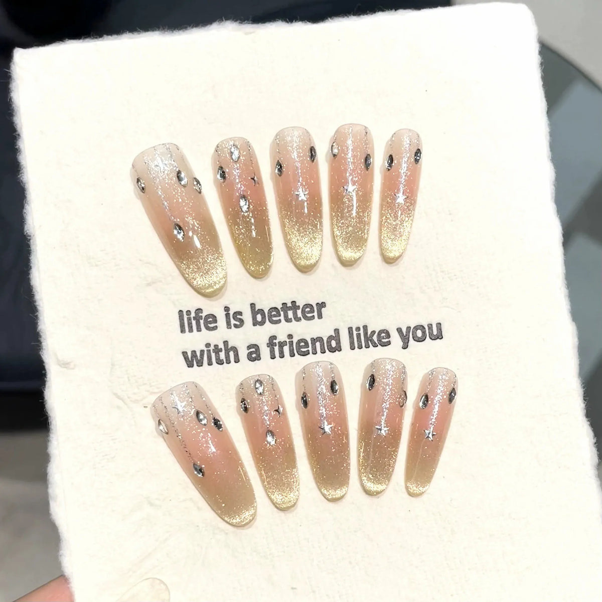 Handmade Press-On Nails | Almond Cat's Eye French Tip 3D Art