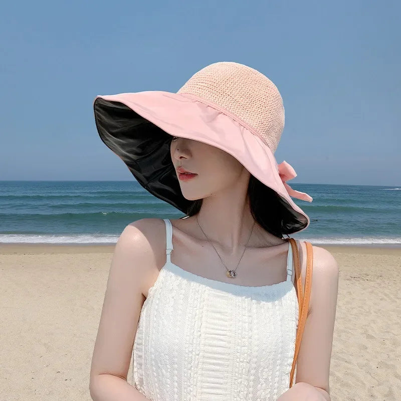 Women's Wide Brim Straw Bucket Hat – UV Sun Protection