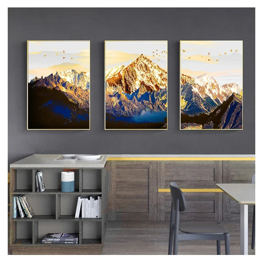Nordic Snow Mountain Golden Abstract Canvas Wall Art Print Poster