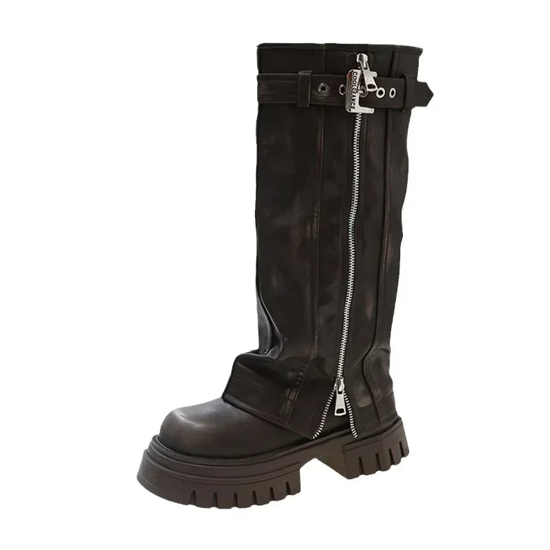 Women's Knee-High Biker Boots – Platform Belt Buckle Winter