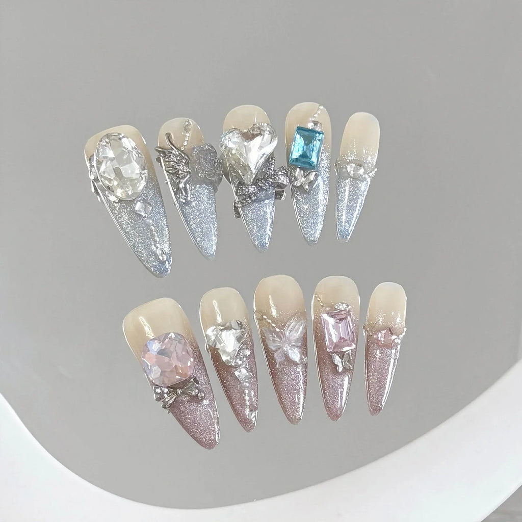 Long Ballet Press-On Nails Pink Bow Glitter French Cat Eye 10pcs