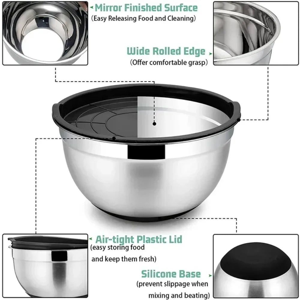 Stainless Steel Mixing Bowls with Lid & Non-Slip Silicone Base