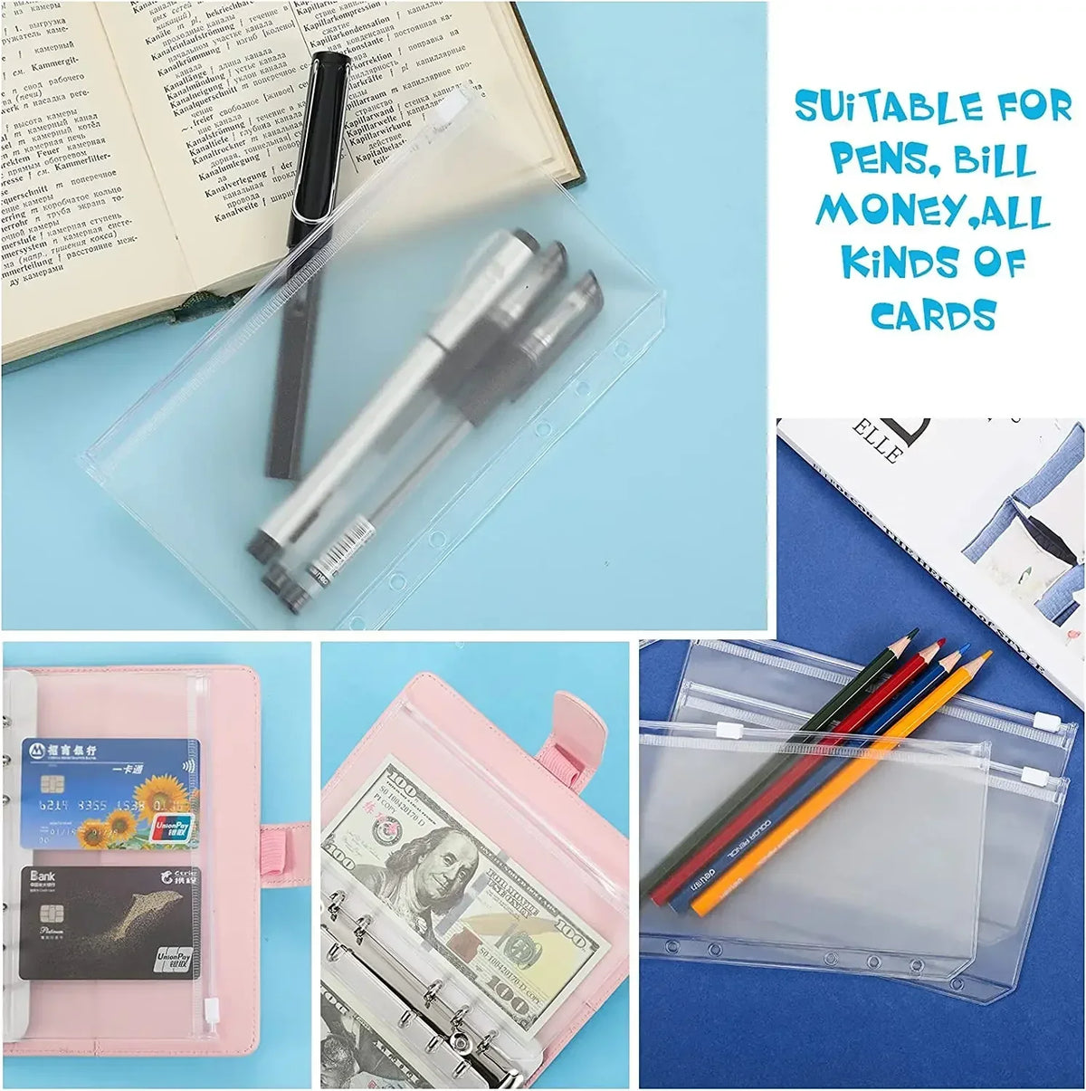 A6 6-Hole Zipper Binder Pockets – Waterproof PVC Budget Envelopes