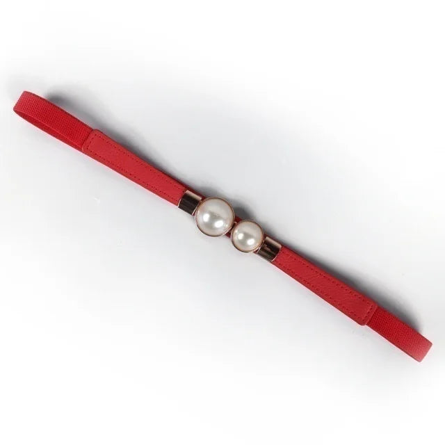 Elegant Double Pearls Buckle Elastic Women Belts Thin Straps Lady