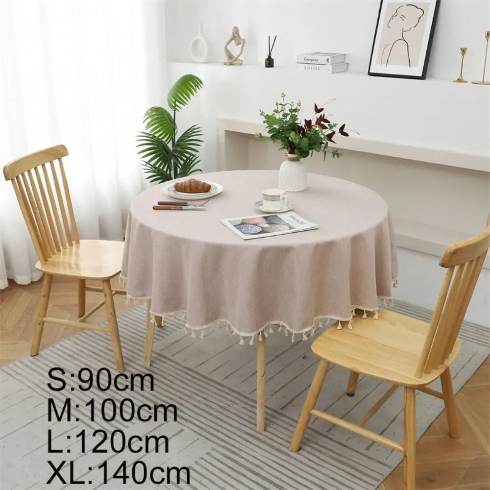 Round Cotton Linen Tablecloth with Tassels | Waterproof & Dustproof