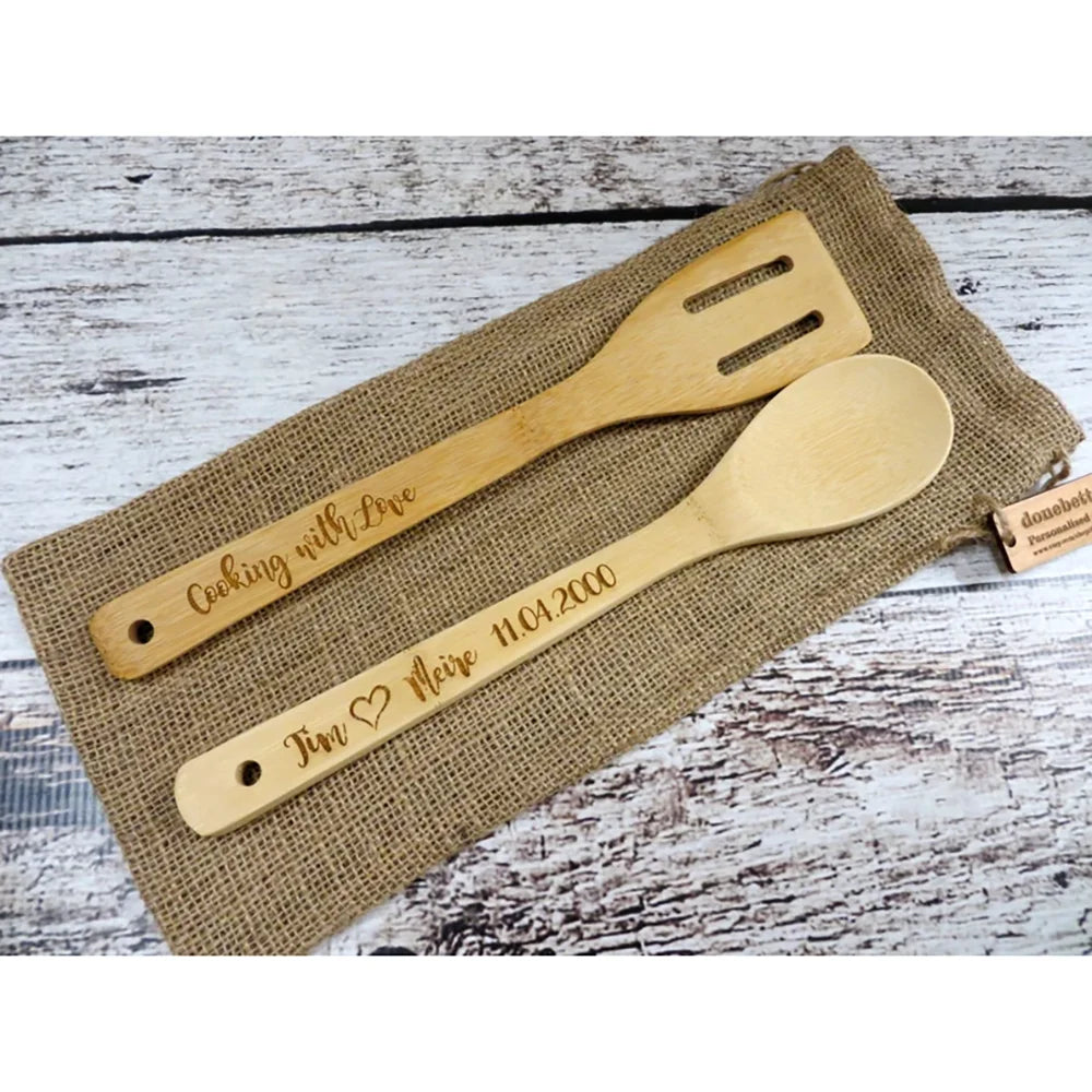 Personalized Bamboo Spoon & Spatula Set | Engraved Kitchen Gift
