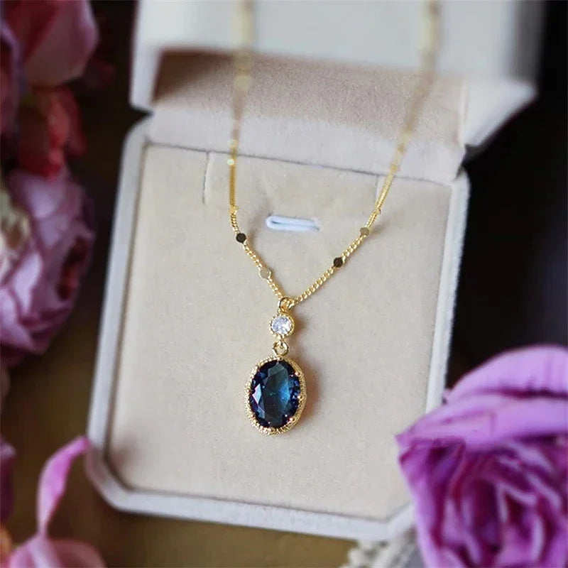 Huitan Oval Blue Stone Pendant Necklace | Bridal Jewelry