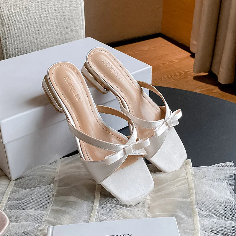 Women's Bow Low Heel Sandals – Summer Slip-On Party Shoes