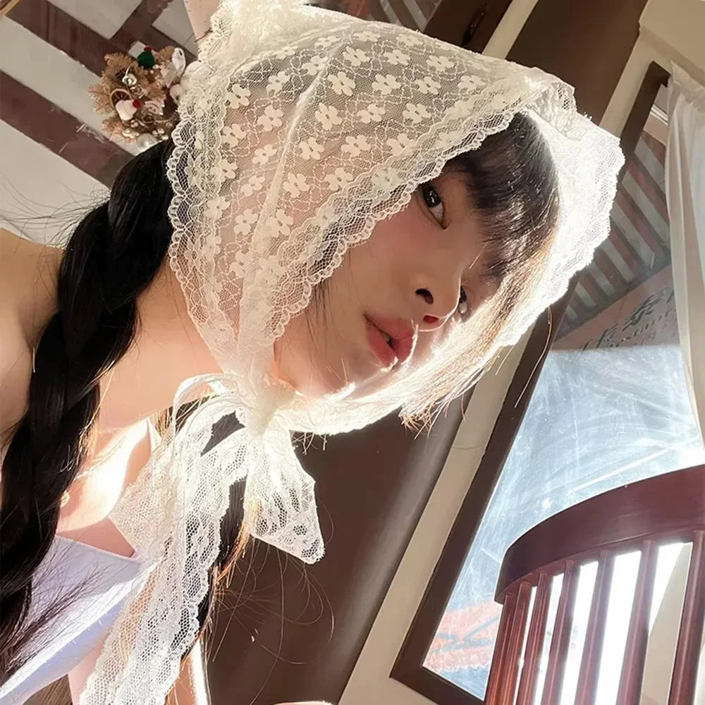 White Lace Floral Triangle Scarf – Elegant Breathable Bandana