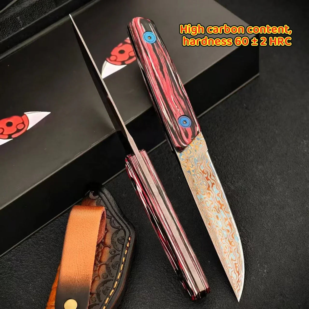Damascus Steel Utility Knife – Colored Wood Handle & Sharp Blade