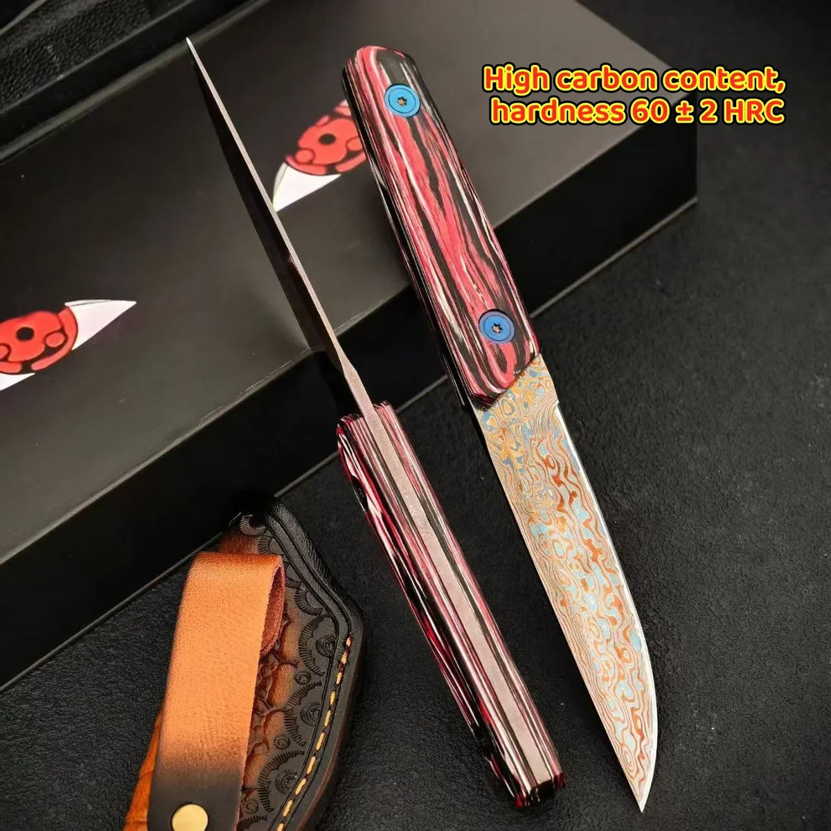 Damascus Steel Utility Knife – Colored Wood Handle & Sharp Blade