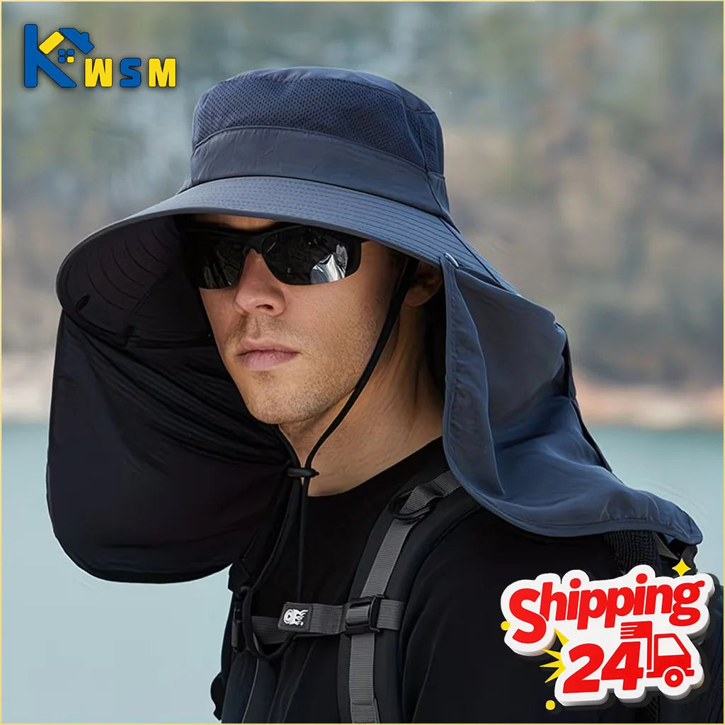Men's Wide Brim Fishing Hat with Neck Flap | UV Sun Cap
