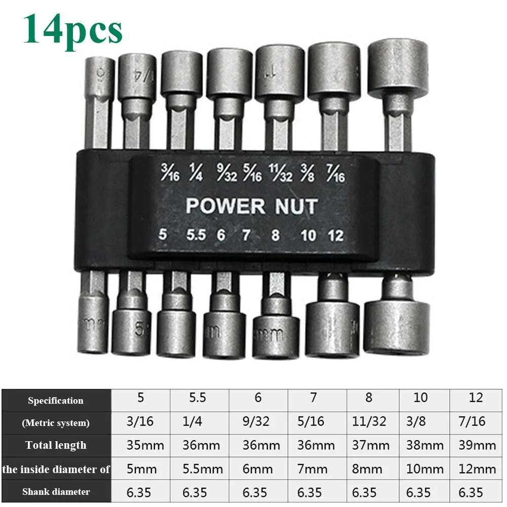 9/14-Pc Hex Nut Driver Socket Bit Set 5–13mm | 1/4" Hex Shank