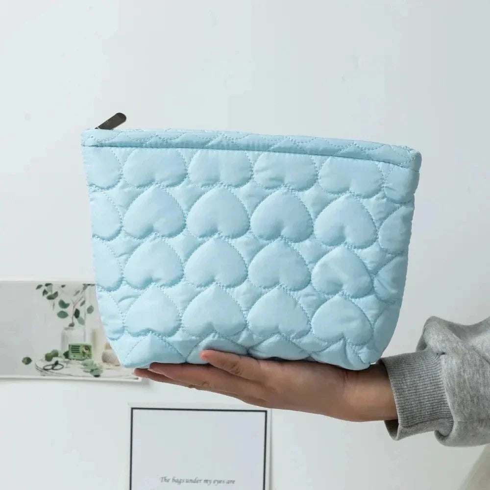 Korean Heart Quilted Cosmetic Bag | Large Capacity Makeup Organizer