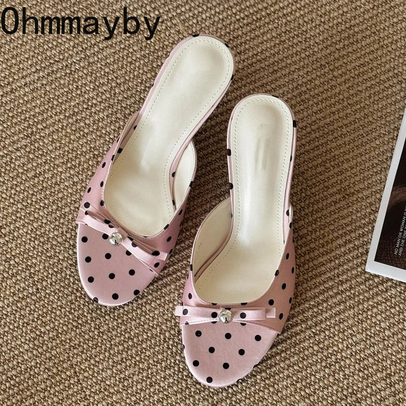 Women's Open Toe Thin Heel Mule Slides | Polka Dot Summer