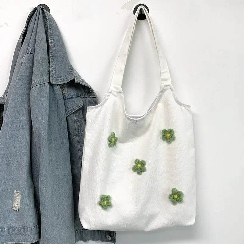 Floral Canvas Tote Bag – Minimalist One Shoulder Bag for Women