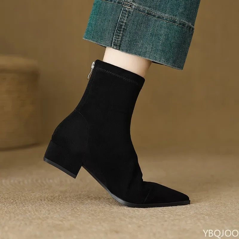 YBQJOO Women's Retro Suede Ankle Boots – Block Heel Booties
