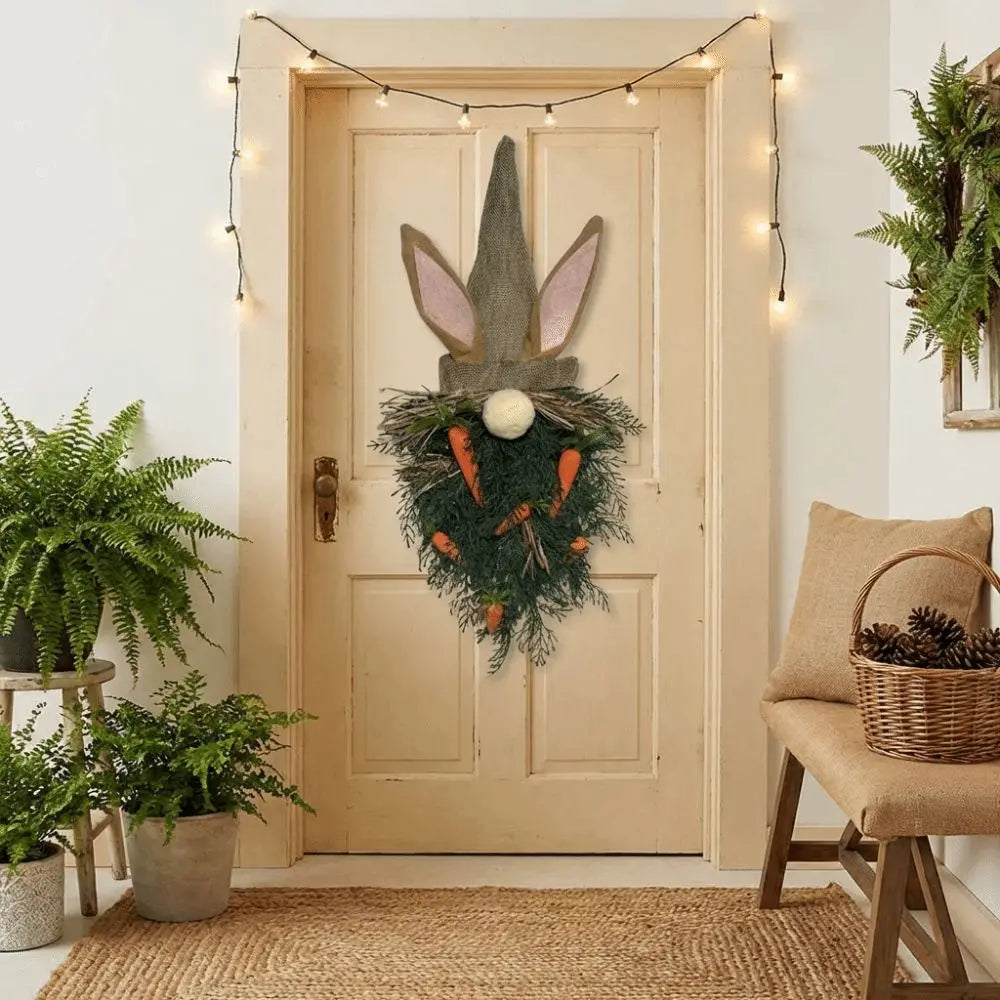 Rustic Easter Gnome Wreath | Bunny Carrot Door Hanger Decor