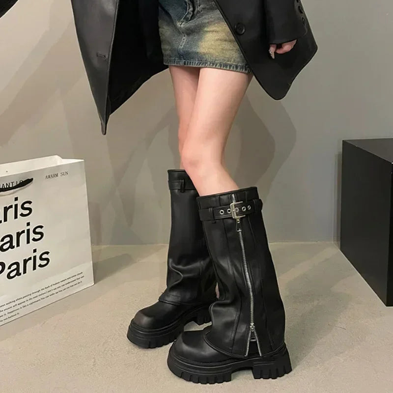Women's Knee-High Biker Boots – Platform Belt Buckle Winter