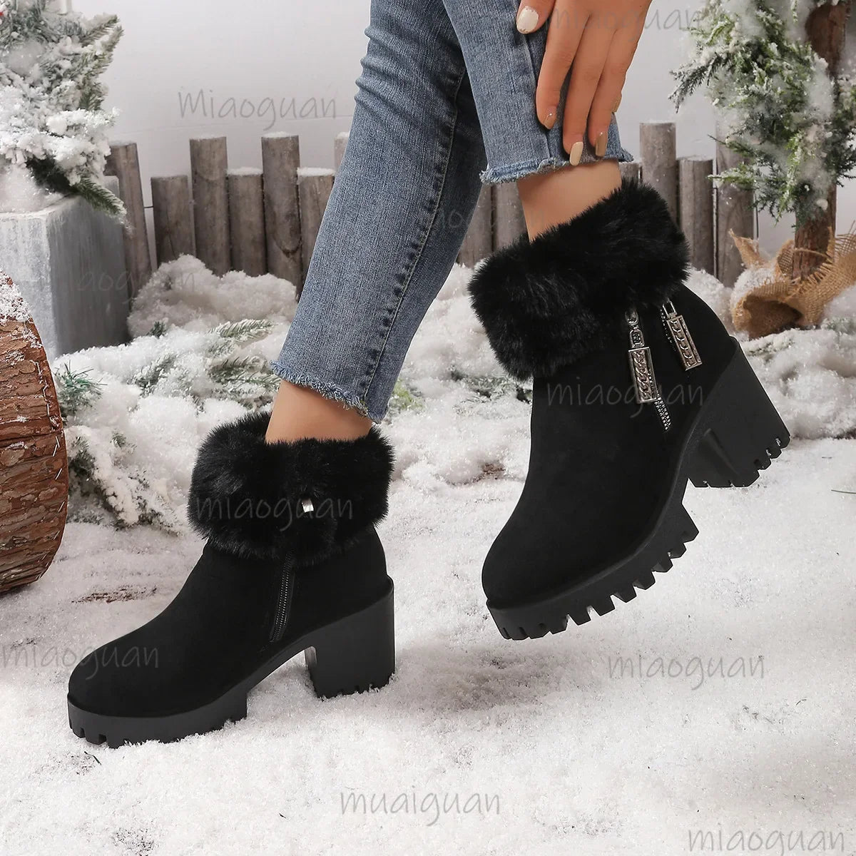 Women's Fluffy Ankle Boots – Furry High Heel Winter Snow Boots