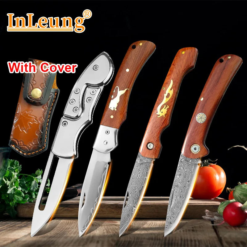Folding Damascus Steel Kitchen Knife – Wood Handle | InLeung