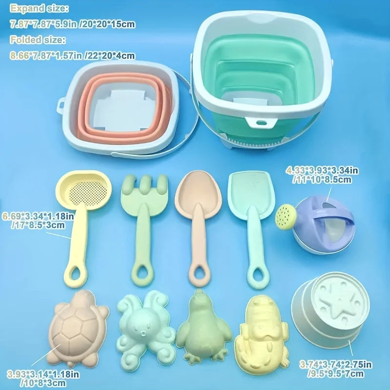 Kids Beach Sand Toys 11-Pc Set | Collapsible Bucket & Molds