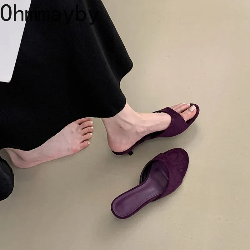Women's Open Toe Suede Slide Slippers – Thin Heel Summer Shoes
