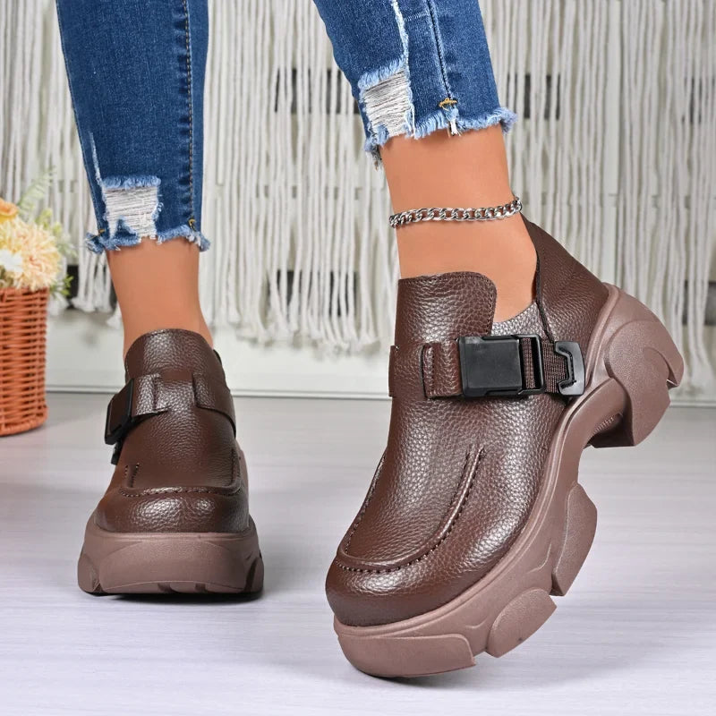 UXST Women's Retro Platform Sneakers – Buckle Leather Shoes