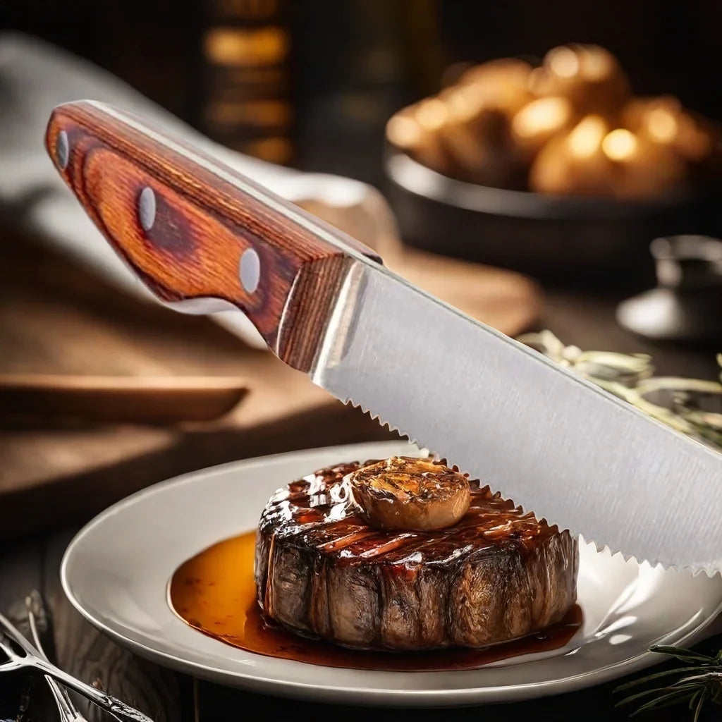Serrated Steak Knife Set – Mahogany Handle Stainless Steel