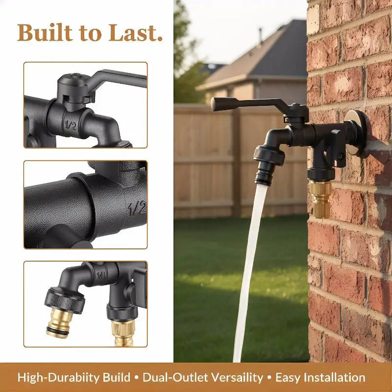 Freeze-Proof 2-Way Garden Faucet – Dual Outlet Zinc Alloy Tap