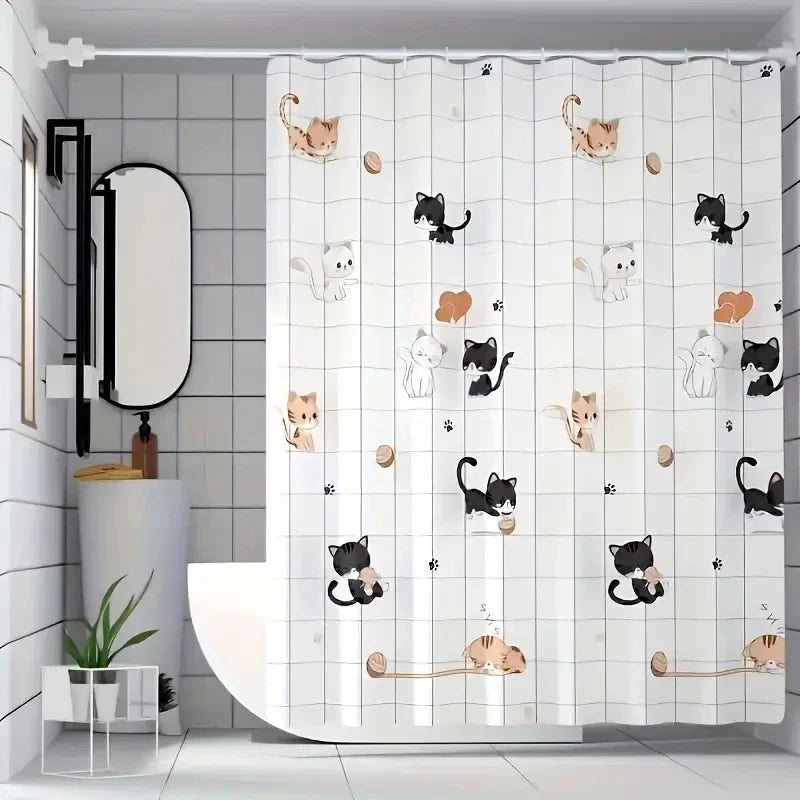 Cartoon Cat PEVA Shower Curtain – Waterproof & Easy to Clean