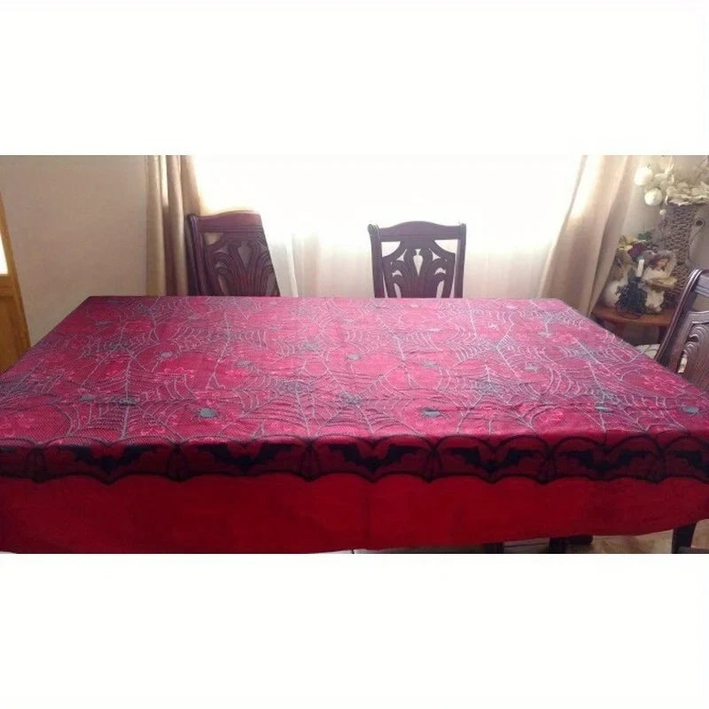 Black Lace Spider Web Tablecloth – Halloween Table Decor 48x96"