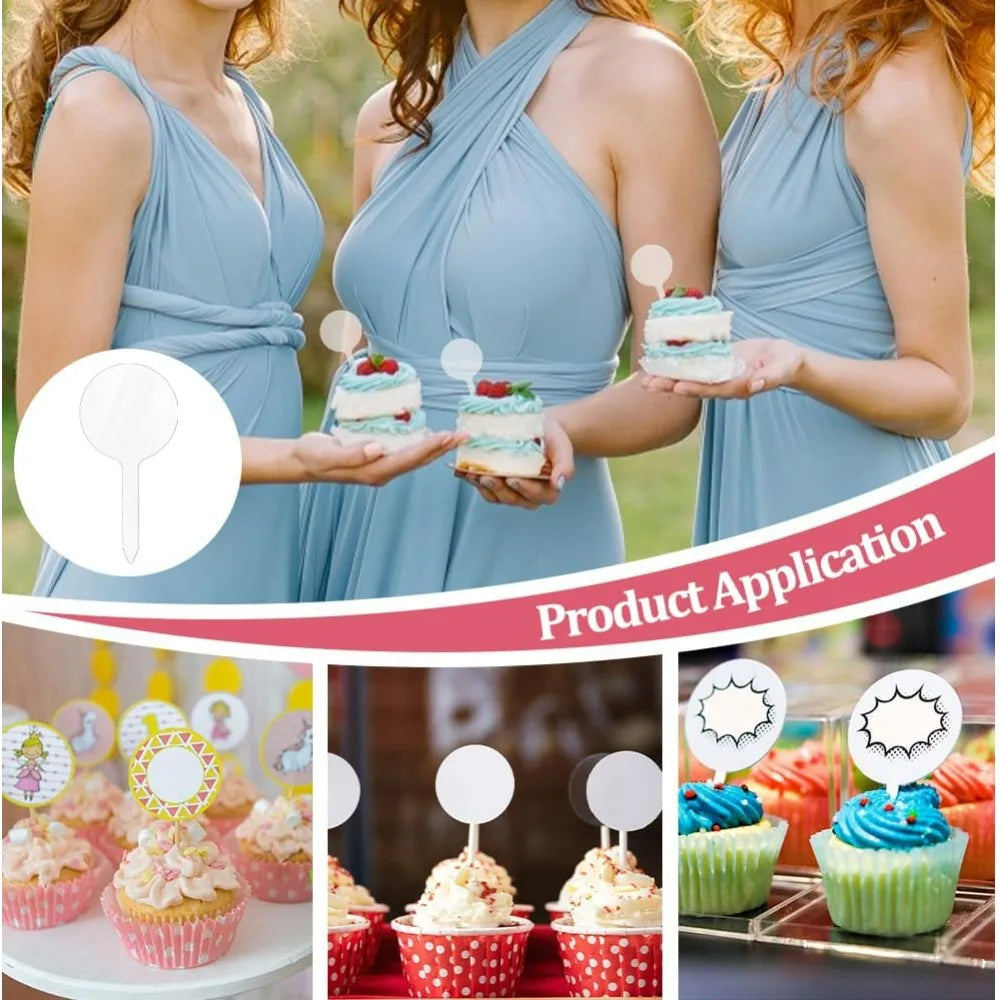 100 Clear Acrylic Cupcake Toppers – 2" Blank Round DIY Sticks
