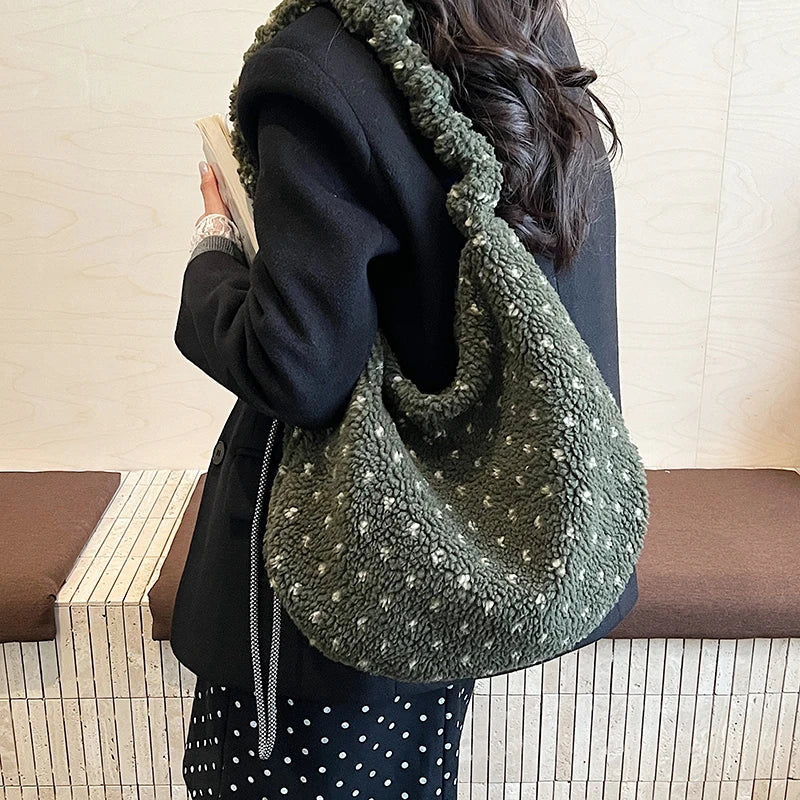 Korean Faux Fur Polka Dot Crossbody Tote Bag for Women
