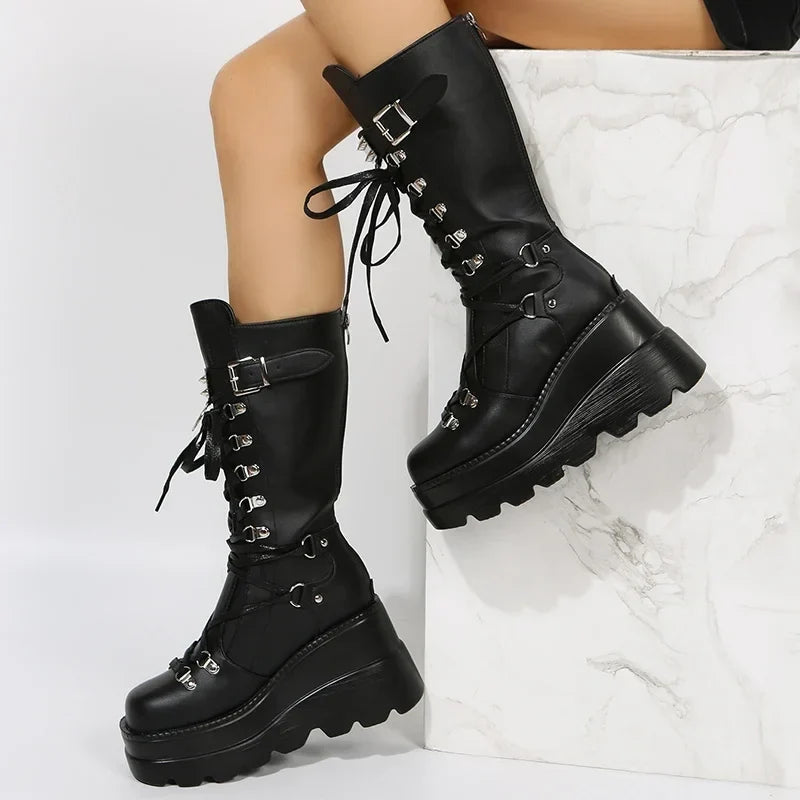 Women's Goth Platform Boots – Punk Rivet Wedge Mid-Calf Combat
