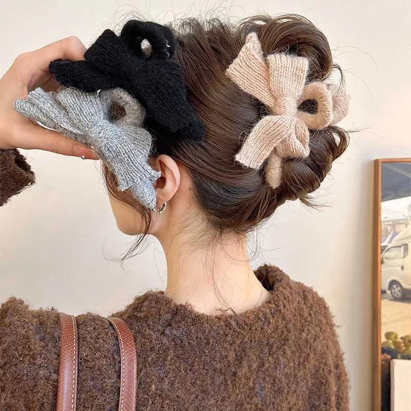 Plush Knit Bow Hair Claw Clip | Korean Style Women's Hair Accessory