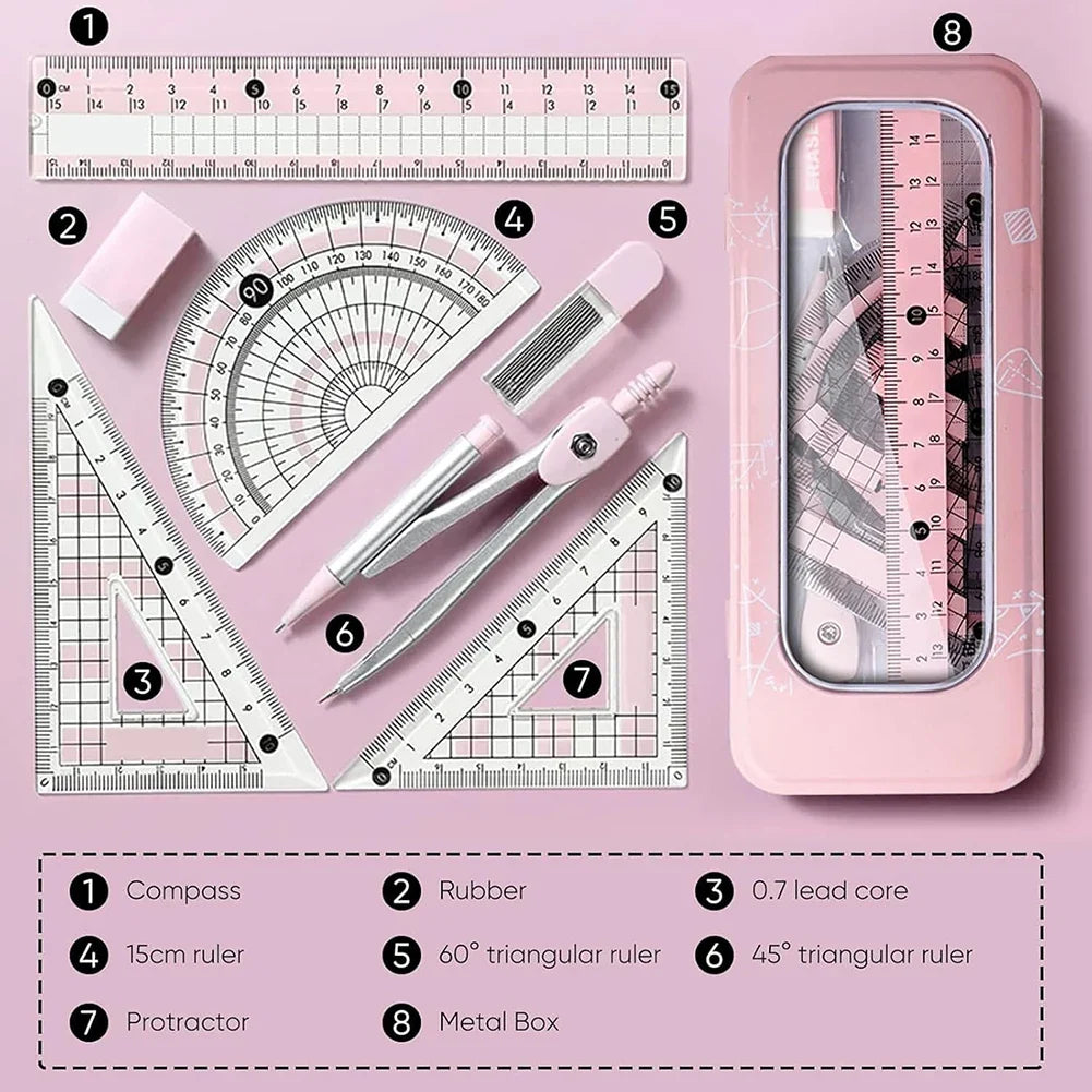 8-Piece Student Geometry Set – Compass, Protractor & Ruler