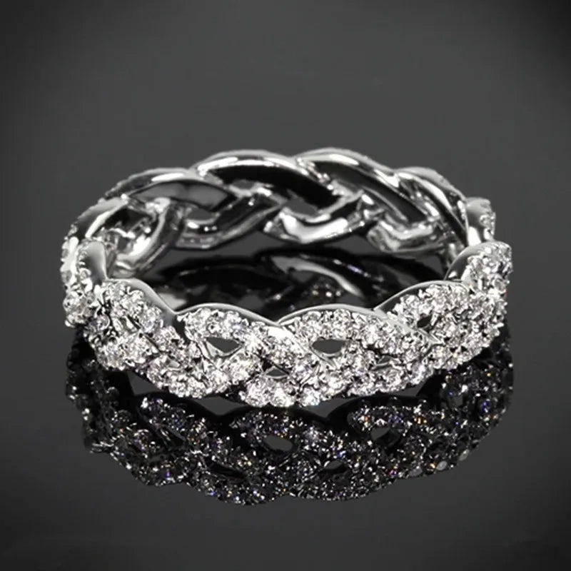 Huitan Twist Ring Women – Silver Pavé CZ Wedding Band